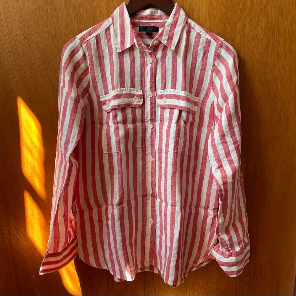 J Crew 100% Linen Striped Shirt size 2
